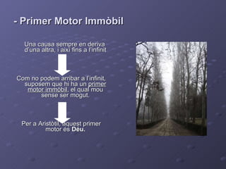 - Primer Motor Immòbil Una causa sempre en deriva d’una altra, i així fins a l’infinit Com no podem arribar a l’infinit, suposem que hi ha un  primer motor immòbil , el qual mou sense ser mogut. Per a Aristòtil, aquest primer motor és  Déu. 