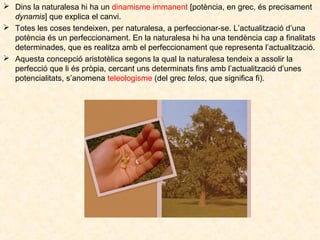  Dins la naturalesa hi ha un dinamisme immanent [potència, en grec, és precisament
dynamis] que explica el canvi.
 Totes les coses tendeixen, per naturalesa, a perfeccionar-se. L’actualització d’una
potència és un perfeccionament. En la naturalesa hi ha una tendència cap a finalitats
determinades, que es realitza amb el perfeccionament que representa l’actualització.
 Aquesta concepció aristotèlica segons la qual la naturalesa tendeix a assolir la
perfecció que li és pròpia, cercant uns determinats fins amb l’actualització d’unes
potencialitats, s’anomena teleologisme (del grec telos, que significa fi).

 