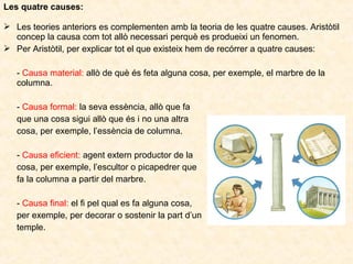 Les quatre causes:
 Les teories anteriors es complementen amb la teoria de les quatre causes. Aristòtil
concep la causa com tot allò necessari perquè es produeixi un fenomen.
 Per Aristòtil, per explicar tot el que existeix hem de recórrer a quatre causes:
- Causa material: allò de què és feta alguna cosa, per exemple, el marbre de la
columna.
- Causa formal: la seva essència, allò que fa
que una cosa sigui allò que és i no una altra
cosa, per exemple, l’essència de columna.
- Causa eficient: agent extern productor de la
cosa, per exemple, l’escultor o picapedrer que
fa la columna a partir del marbre.
- Causa final: el fi pel qual es fa alguna cosa,
per exemple, per decorar o sostenir la part d’un
temple.

 