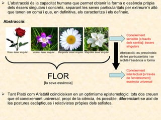  L’abstracció és la capacitat humana que permet obtenir la forma o essència pròpia
dels éssers singulars i concrets, separant les seves particularitats per extreure’n allò
que tenen en comú i que, en definitiva, els caracteritza i els defineix.
Abstracció:
Coneixement
sensible [a través
dels sentits]: éssers
singulars
Rosa: ésser singular

Violeta: ésser singular

Margarida: ésser singular Magnòlia: ésser singular

FLOR
[la seva essència]

Abstracció: es prescindeix
de les particularitats i se
n’obté l’éssència o forma
Coneixement
intel·lectual [a través
de l’enteneiment]:
essència universal

 Tant Plató com Aristòtil coincideixen en un optimisme epistemològic: tots dos creuen
que el coneixement universal, propi de la ciència, és possible, diferenciant-se així de
les postures escèptiques i relativistes pròpies dels sofistes.

 