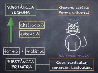 SUBSTÀNCIA
SEGONA

Gènere, espècie
Forma universal

"moix"
abstracció
extensió

forma + matèria
SUBSTÀNCIA
PRIMERA

"El meu moix"
Cosa particular, 
concreta, individual

 