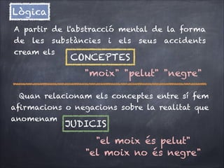 Lògica
A partir de l'abstracció mental de la forma
de

les

substàncies

cream els

i

els

seus

accidents

CONCEPTES
"moix" "pelut" "negre"

Quan relacionam els conceptes entre sí fem
aﬁrmacions o negacions sobre la realitat que
anomenam

JUDICIS
"el moix és pelut"
"el moix no és negre"

 