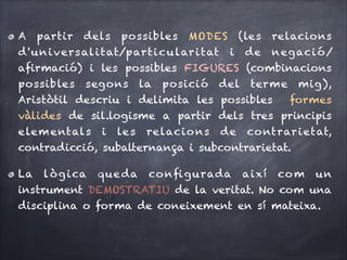 A

partir

dels

possibles

MODES

d ' u n i vers al i tat/p ar t i c u lar i tat

(les

relacions

de

n eg ac i ó /

i

aﬁrmació) i les possibles FIGURES (combinacions
possibles

segons

la

posició

del

ter me

Aristòtil descriu i delimita les possibles

mig),
formes

vàlides de sil.logisme a partir dels tres principis
elem e ntals

i

le s

relacio ns

de

co ntrar ietat,

contradicció, subalternança i subcontrarietat.
La

lòg i ca

que da

co nﬁgu rada

així

co m

un

instrument DEMOSTRATIU de la veritat. No com una
disciplina o forma de coneixement en sí mateixa.

 