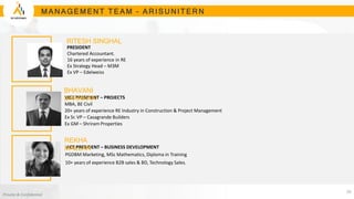 www.arisunitern.com
Private & Confidential
M A N AGE MEN T T E A M – A R I S U N I TER N
10
RITESH SINGHAL
PRESIDENT
Chartered Accountant.
16 years of experience in RE
Ex Strategy Head – M3M
Ex VP – Edelweiss
VICE PRESIDENT – BUSINESS DEVELOPMENT
PGDBM Marketing, MSc Mathematics, Diploma in Training
10+ years of experience B2B sales & BD, Technology Sales.
REKHA
MALLAN
VICE PRESIDENT – PROJECTS
MBA, BE Civil
20+ years of experience RE Industry in Construction & Project Management
Ex Sr. VP – Casagrande Builders
Ex GM – Shriram Properties
BHAVANI
SHANKAR
 