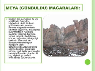 MEYA (GÜNBULDU) MAĞARALARI:

   Diyadin ilçe merkezine 12 km
    uzaklıktaki Günbuldu
    köyündedir. Antik bir kent
    görünümündeki yerleĢim
    yerinde mağaralar ve tarihi
    kalıntılar köyün 400 m uzağında
    bulunmaktadır. Kayalara
    oyularak yapılmıĢ, barınma
    yerleri, tapınak, ibadethane,
    oda ve mağaralar oldukça ilgi
    çekicidir. Barınarak ve
    ibadethanelerde değiĢik
    inançların izleri
    görülmektedir.Oldukça tahrip
    edilmiĢ kentten, günümüze
    mihrap, haçlı taĢlar ve mezarlar
    kalmıĢtır.Buradan çıkarılan iki
    koç heykeli, Ģu anda il
    merkezinde bulunmaktadır.
 
