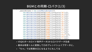 BGMとの同期-口パク(1/3)
• VSQX(ボーカロイド発声データ)から口パクデータ生成
• 基本は母音＋んに変換して口のブレンドシェイプデータに。
• 「ちゃ」では笑顔の口になるようにもしてる
 