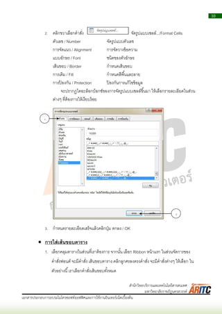 10
เอกสารประกอบการอบรมไมโครซอฟท์ออฟฟิศและการใช้งานอินเทอร์เน็ตเบื้องต้น
สานักวิทยบริการและเทคโนโลยีสารสนเทศ
มหาวิทยาลัยราชภัฏนครสวรรค์
2. คลิกขวำเลือกคำสั่ง จัดรูปแบบเซลล์.../Format Cells
ตัวเลข / Number จัดรูปแบบตัวเลข
กำรจัดแนว / Alignment กำรจัดวำงข้อควำม
แบบอักษร / Font ชนิดของตัวอักษร
เส้นขอบ / Border กำหนดเส้นขอบ
กำรเติม / Fill กำหนดสีพื้นและลำย
กำรป้ องกัน / Protection ป้ องกันกำรแก้ไขข้อมูล
จะปรำกฏไดอะล็อกบ็อกซ์ของกำรจัดรูปแบบเซลล์ขึ้นมำ ให้เลือกรำยละเอียดในส่วน
ต่ำงๆ ที่ต้องกำรให้เรียบร้อย
3. กำหนดรำยละเอียดเสร็จแล้วคลิกปุ่ม ตกลง / OK
 การใส่เส้นขอบตาราง
1. เลือกคลุมตำรำงในส่วนที่เรำต้องกำร จำกนั้น เลือก Ribbon หน้ำแรก ในส่วนจัดกำรของ
คำสั่งฟอนต์ จะมีคำสั่ง เส้นขอบตำรำง คลิกลูกศรลงตรงคำสั่ง จะมีคำสั่งต่ำงๆ ให้เลือก ใน
ตัวอย่ำงนี้เรำเลือกคำสั่งเส้นขอบทั้งหมด
1
2
 