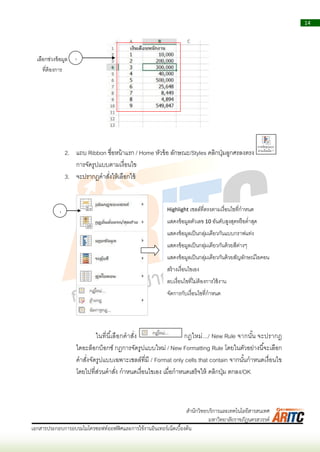 14
เอกสารประกอบการอบรมไมโครซอฟท์ออฟฟิศและการใช้งานอินเทอร์เน็ตเบื้องต้น
สานักวิทยบริการและเทคโนโลยีสารสนเทศ
มหาวิทยาลัยราชภัฏนครสวรรค์
2. แถบ Ribbon ชื่อหน้ำแรก / Home หัวข้อ ลักษณะ/Styles คลิกปุ่มลูกศรลงตรง
กำรจัดรูปแบบตำมเงื่อนไข
3. จะปรำกฏคำสั่งให้เลือกใช้
ในที่นี้เลือกคำสั่ง กฎใหม่.../ New Rule จำกนั้น จะปรำกฎ
ไดอะล็อกบ็อกซ์ กฎกำรจัดรูปแบบใหม่ / New Formatting Rule โดยในตัวอย่ำงนี้จะเลือก
คำสั่งจัดรูปแบบเฉพำะเซลล์ที่มี / Format only cells that contain จำกนั้นกำหนดเงื่อนไข
โดยไปที่ส่วนคำสั่ง กำหนดเงื่อนไขเอง เมื่อกำหนดเสร็จให้ คลิกปุ่ม ตกลง/OK
Highlight เซลล์ที่ตรงตำมเงื่อนไขที่กำหนด
แสดงข้อมูลตัวเลข 10 อันดับสูงสุดหรือต่ำสุด
แสดงข้อมูลเป็นกลุ่มเดียวกันแบบกรำฟแท่ง
แสดงข้อมูลเป็นกลุ่มเดียวกันด้วยสีต่ำงๆ
แสดงข้อมูลเป็นกลุ่มเดียวกันด้วยสัญลักษณ์ไอคอน
สร้ำงเงื่อนไขเอง
ลบเงื่อนไขที่ไม่ต้องกำรใช้งำน
จัดกำรกับเงื่อนไขที่กำหนด
1เลือกช่วงข้อมูล
ที่ต้องกำร
1
 