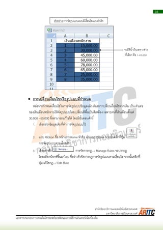 16
เอกสารประกอบการอบรมไมโครซอฟท์ออฟฟิศและการใช้งานอินเทอร์เน็ตเบื้องต้น
สานักวิทยบริการและเทคโนโลยีสารสนเทศ
มหาวิทยาลัยราชภัฏนครสวรรค์
 การเปลี่ยนเงื่อนไขหรือรูปแบบที่กาหนด
หลังจำกกำหนดเงื่อนไขในกำรจัดรูปแบบข้อมูลแล้ว ต้องกำรเปลี่ยนเงื่อนไขจำกเดิม เป็น ตัวเลข
ของเงินเดือนพนักงำนให้จัดรูปแบบโดยเปลี่ยนสีพื้นเป็นสีเหลือง เฉพำะคนที่เงินเดือนตั้งแต่
30,000 - 50,000 ซึ่งสำมำรถแก้ไขได้ โดยมีขั้นตอนดังนี้
1. เลือกช่วงข้อมูลเดิมที่ทำกำรจัดรูปแบบไว้
2. แถบ Ribbon ชื่อ หน้ำแรก/Home หัวข้อ ลักษณะ/Styles จำกนั้นคลิกที่ปุ่ม
กำรจัดรูปแบบตำมเงื่อนไข
3. เลือกคำสั่ง กำรจัดกำรกฎ.../ Manage Rules จะปรำกฏ
ไดอะล็อกบ็อกซ์ขึ้นมำใหม่ ชื่อว่ำ ตัวจัดกำรกฏกำรจัดรูปแบบตำมเงื่อนไข จำกนั้นคลิกที่
ปุ่ม แก้ไขกฎ.../ Edit Rule
ตัวอย่ำง กำรจัดรูปแบบแบบมีเงื่อนไขแบบสำเร็จ
จะมีสีน้ำเงินเฉพำะช่วง
ที่เลือก คือ 1-40,000
 
