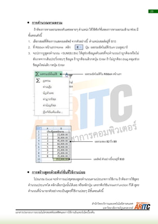 23
เอกสารประกอบการอบรมไมโครซอฟท์ออฟฟิศและการใช้งานอินเทอร์เน็ตเบื้องต้น
สานักวิทยบริการและเทคโนโลยีสารสนเทศ
มหาวิทยาลัยราชภัฏนครสวรรค์
 การคานวณหาผลรวม
ถ้ำต้องกำรหำผลรวมของตัวเลขหลำยๆ ตำแหน่ง ให้ใช้ฟังก์ชั่นของกำรหำผลรวมเข้ำมำช่วย มี
ขั้นตอนดังนี้
1. เลือกเซลล์ที่ต้องกำรแสดงผลลัพธ์ จำกตัวอย่ำงนี้ ตำแหน่งเซลล์อยู่ที่ B10
2. ที่ Ribbon หน้ำแรก/Home คลิก ปุ่ม ผลรวมอัตโนมัติ/Sum บนทูลบำร์
3. จะปรำกฏสูตรคำนวณ =SUM(B2:B9) ให้ดูช่วงข้อมูลตัวเลขที่จะคำนวณว่ำถูกต้องหรือไม่
สังเกตจำกเส้นประวิ่งรอบๆ ข้อมูล ถ้ำถูกต้องแล้วกดปุ่ม Enter ถ้ำไม่ถูกต้อง drag คลุมช่วง
ข้อมูลใหม่แล้ว กดปุ่ม Enter
 การสร้างสูตรด้วยฟังก์ชั่นที่ใช้งานบ่อย
โปรแกรม Excel จะทำกำรแบ่งชุดของสูตรคำนวณตำมประเภทกำรใช้งำน ถ้ำต้องกำรใช้สูตร
คำนวณประเภทใด คลิกเลือกปุ่มนั้นได้เลย หรือคลิกปุ่ม แทรกฟังก์ชัน/Insert Function ก็ได้ สูตร
คำนวณที่นำมำยกตัวอย่ำงจะเป็นสูตรที่ใช้งำนบ่อยๆ มีขั้นตอนดังนี้
ผลรวมของ B2 ถึง B9
ผลลัพธ์ ตัวอย่ำงนี้จะอยู่ที่ B10
ผลรวมอัตโนมัติใน Ribbon หน้ำแรก
 