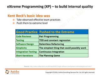 Copyright © 2016, Aritha Consulting Services Pvt. Ltd. All rights reserved.
eXtreme Programming (XP) – to build Internal quality
Source: http://www.codeproject.com/Articles/604417/Agile-software-development-methodologies-and-how-t
Kent Beck’s basic idea was
 Take observed effective team practices
 Push them to extreme level
 
