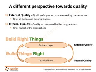 Copyright © 2016, Aritha Consulting Services Pvt. Ltd. All rights reserved.
 External Quality – Quality of a product as measured by the customer
 Finds all the focus of the organizations
 Internal Quality – Quality as measured by the programmers
 Finds neglect of the organizations
A different perspective towards quality
Business Layer
Technical Layer
External Quality
Internal Quality
 