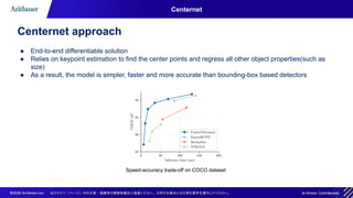 Centernet
Centernet approach
● End-to-end differentiable solution
● Relies on keypoint estimation to find the center points and regress all other object properties(such as
size)
● As a result, the model is simpler, faster and more accurate than bounding-box based detectors
Speed-accuracy trade-off on COCO dataset
 