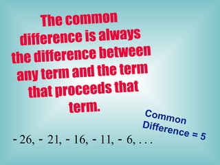 The common
difference is always
the difference between
any term and the term
that proceeds that
term.
26, 21, 16, 11, 6, . . .
    
Common
Difference = 5
 