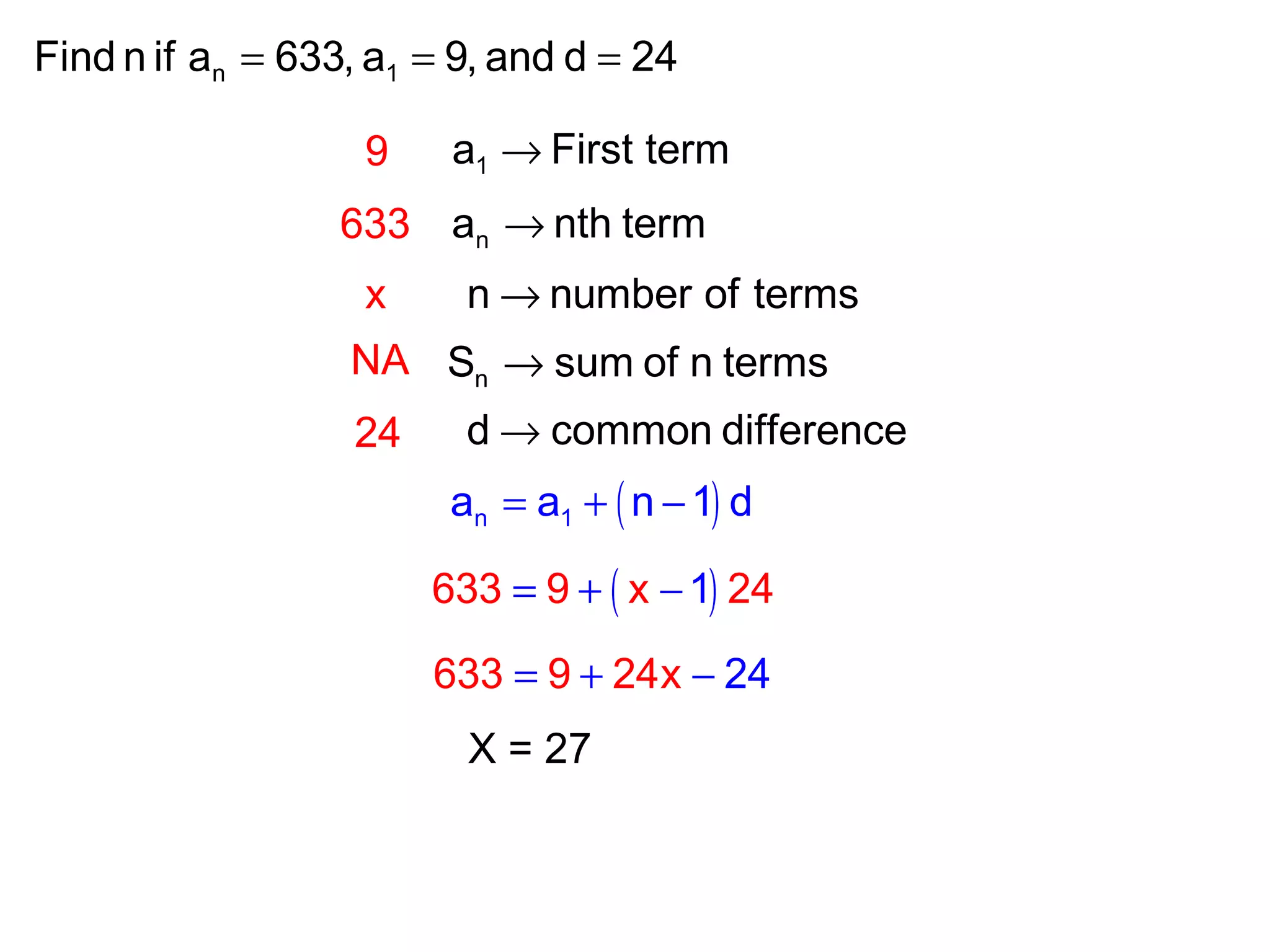 n 1Find n if a 633, a 9, and d 24= = =
1a First term→
na nth term→
nS sum of n terms→
n number of terms→
d common difference→
9
x
633
NA
24
( )n 1a a n 1 d= + −
( )633 9 21x 4= + −
633 9 2 244x= + −
X = 27
 