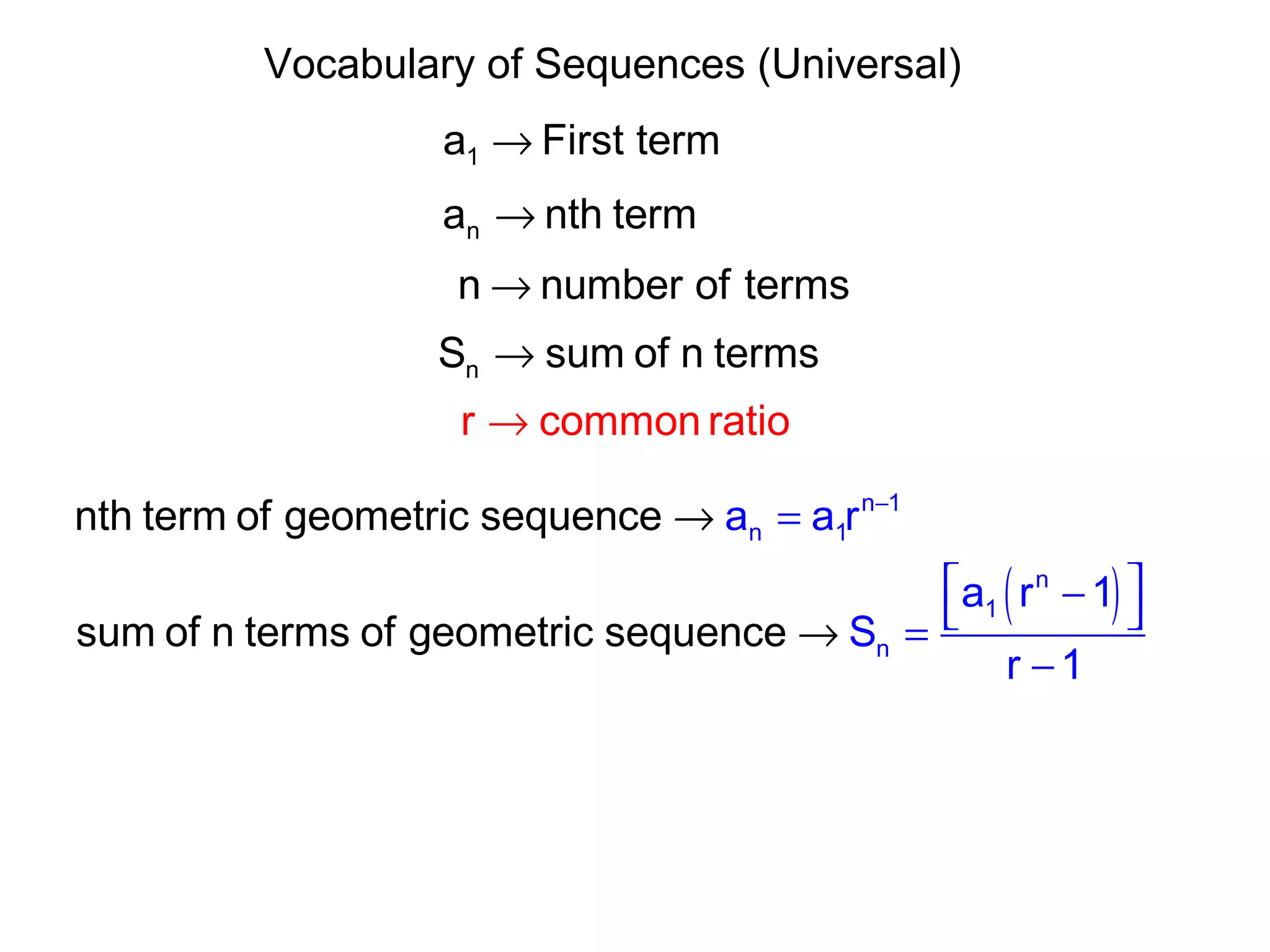 Vocabulary of Sequences (Universal)
1a First term→
na nth term→
nS sum of n terms→
n number of terms→
r common ratio→
( )
n 1
n 1
n
1
n
nth term of geometric sequence
sum of n terms of geometric sequ
a a r
a r 1
S
r 1
ence
−
→ =
 − =
−
→
 
