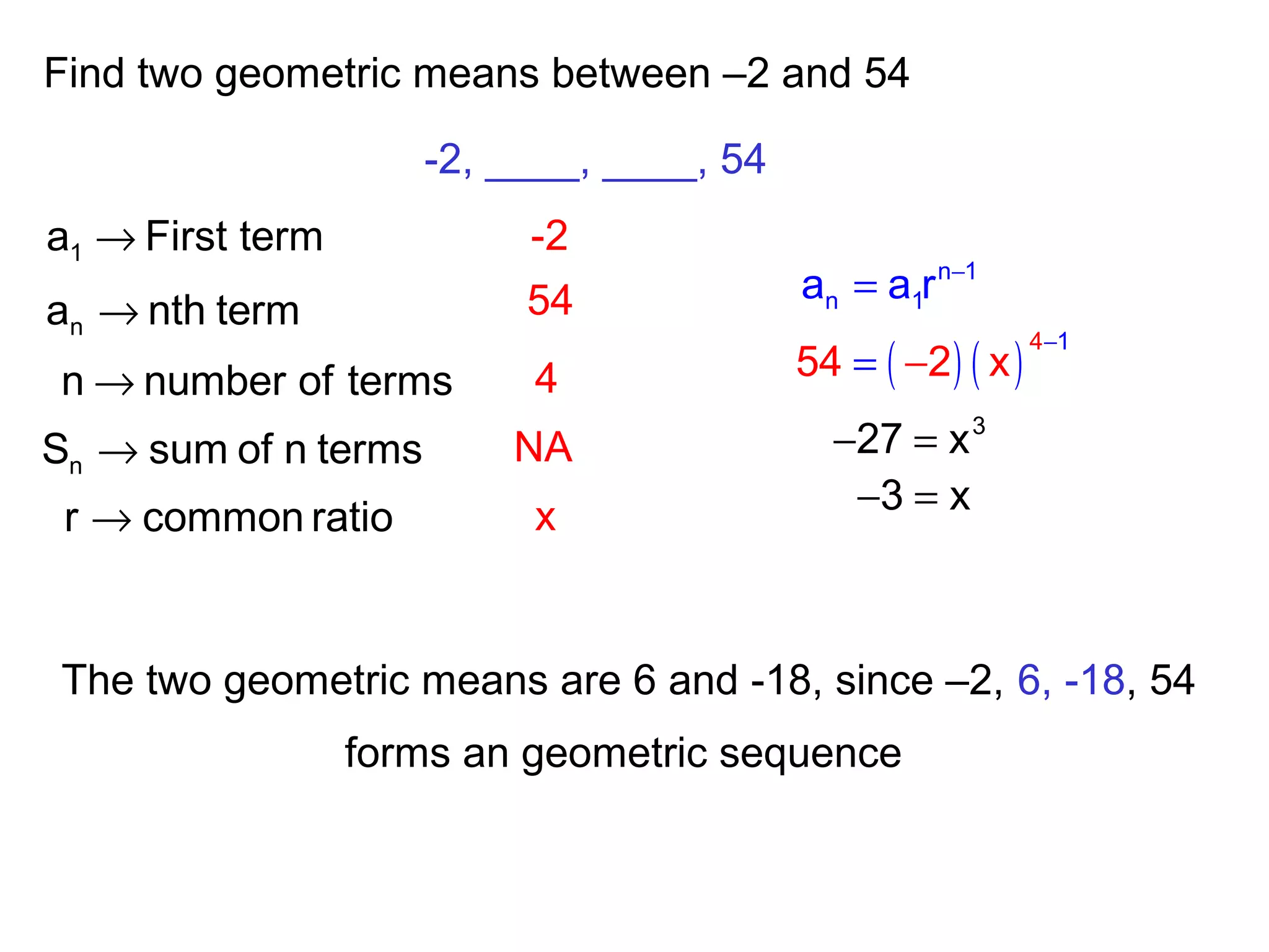 Find two geometric means between –2 and 54
-2, ____, ____, 54
1a First term→
na nth term→
nS sum of n terms→
n number of terms→
r common ratio→
-2
54
4
NA
x
n 1
n 1a a r −
=
( ) ( )
14
54 2 x
−
−=
3
27 x− =
3 x− =
The two geometric means are 6 and -18, since –2, 6, -18, 54
forms an geometric sequence
 