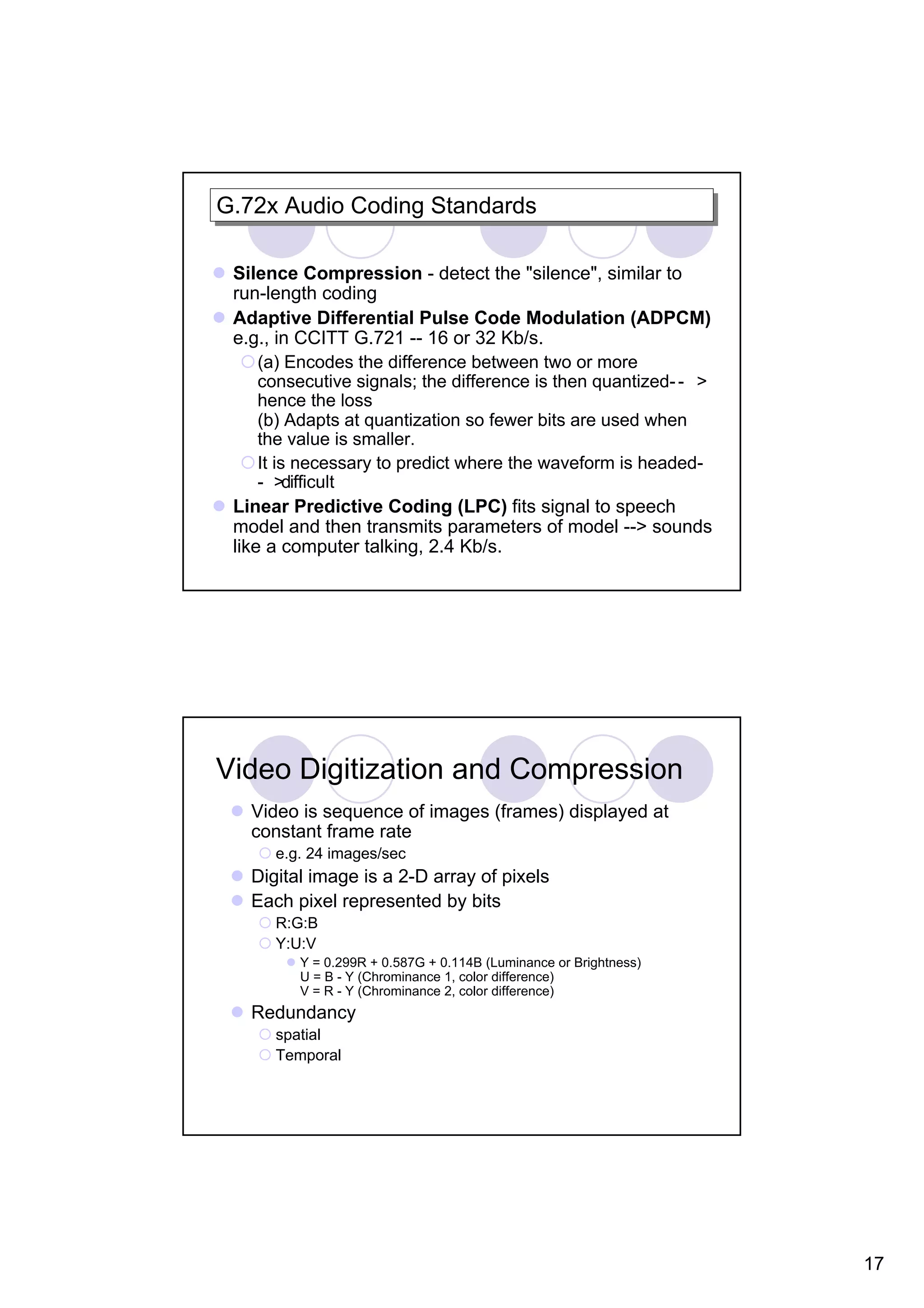 G.72x Audio Coding Standards G.72x Audio Coding Standards Silence Compression - detect the "silence", similar to run-length coding Adaptive Differential Pulse Code Modulation (ADPCM) e.g., in CCITT G.721 -- 16 or 32 Kb/s. (a) Encodes the difference between two or more consecutive signals; the difference is then quantized- - > hence the loss (b) Adapts at quantization so fewer bits are used when the value is smaller. It is necessary to predict where the waveform is headed- - >difficult Linear Predictive Coding (LPC) fits signal to speech model and then transmits parameters of model --> sounds like a computer talking, 2.4 Kb/s. Video Digitization and Compression Video is sequence of images (frames) displayed at constant frame rate e.g. 24 images/sec Digital image is a 2-D array of pixels Each pixel represented by bits R:G:B Y:U:V Y = 0.299R + 0.587G + 0.114B (Luminance or Brightness) U = B - Y (Chrominance 1, color difference) V = R - Y (Chrominance 2, color difference) Redundancy spatial Temporal 17 