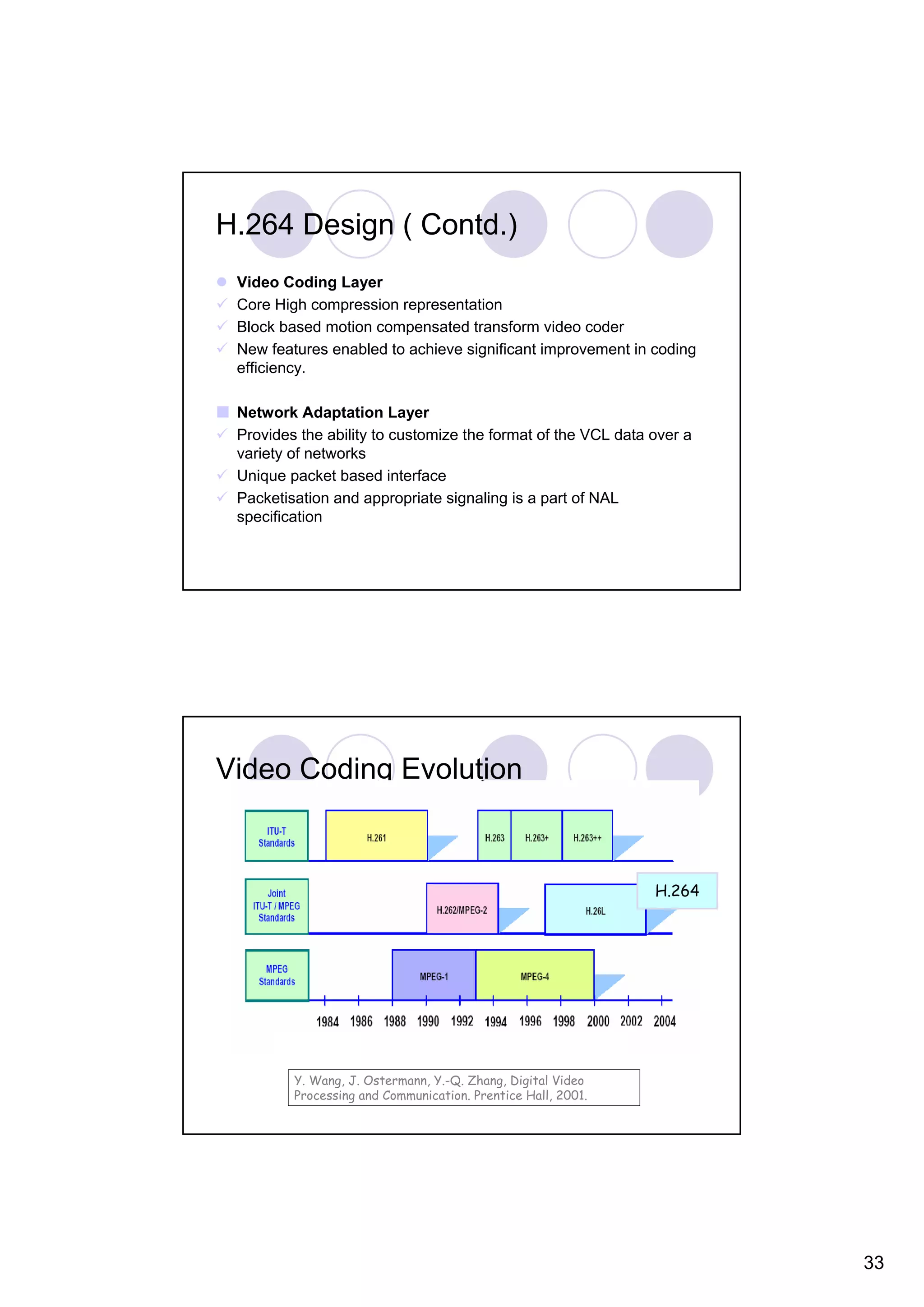 H.264 Design ( Contd.) Video Coding Layer Core High compression representation Block based motion compensated transform video coder New features enabled to achieve significant improvement in coding efficiency. Network Adaptation Layer Provides the ability to customize the format of the VCL data over a variety of networks Unique packet based interface Packetisation and appropriate signaling is a part of NAL specification Video Coding Evolution H.264 Y. Wang, J. Ostermann, Y.-Q. Zhang, Digital Video Processing and Communication. Prentice Hall, 2001. 33 
