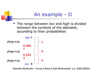 Gabriele Monfardini - Corso di Basi di Dati Multimediali a.a. 2005-20068
An example - II
 The range between low and high is divided
between the symbols of the alphabet,
according to their probabilities
low
high
0
1
0.333
3
0.666
7
a
b
c(P[c]=1/3)
(P[b]=1/3)
(P[a]=1/3)
 