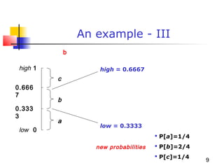9
An example - III
low
high
0
1
0.333
3
0.666
7
a
b
c
b
low = 0.3333
high = 0.6667
 P[a]=1/4
 P[b]=2/4
 P[c]=1/4
new probabilities
 