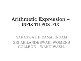 Arithmetic Expression –
INFIX TO POSTFIX
SARASWATHI RAMALINGAM
SRI AKILANDESWARI WOMENS
COLLEGE – WANDIWASH.
 