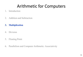 11
Arithmetic for Computers
1. Introduction
2. Addition and Subtraction
3. Multiplication
4. Division
5. Floating Point
6. Parallelism and Computer Arithmetic: Associativity
 