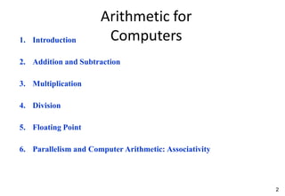 2
Arithmetic for
Computers
1. Introduction
2. Addition and Subtraction
3. Multiplication
4. Division
5. Floating Point
6. Parallelism and Computer Arithmetic: Associativity
 