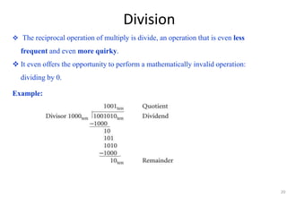 Division
 The reciprocal operation of multiply is divide, an operation that is even less
frequent and even more quirky.
 It even offers the opportunity to perform a mathematically invalid operation:
dividing by 0.
Example:
20
 