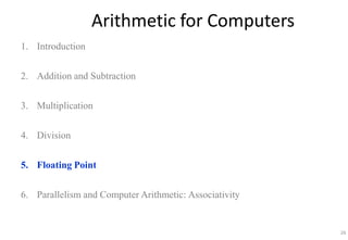 26
Arithmetic for Computers
1. Introduction
2. Addition and Subtraction
3. Multiplication
4. Division
5. Floating Point
6. Parallelism and Computer Arithmetic: Associativity
 