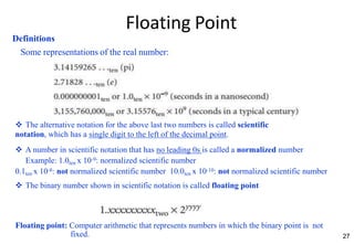 Floating Point
Definitions
Some representations of the real number:
27
 The alternative notation for the above last two numbers is called scientific
notation, which has a single digit to the left of the decimal point.
 A number in scientific notation that has no leading 0s is called a normalized number
Example: 1.0ten x 10-9: normalized scientific number
0.1ten x 10-8: not normalized scientific number 10.0ten x 10-10: not normalized scientific number
 The binary number shown in scientific notation is called floating point
Floating point: Computer arithmetic that represents numbers in which the binary point is not
fixed.
 