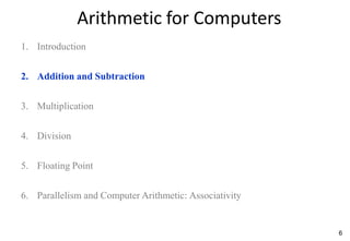 6
Arithmetic for Computers
1. Introduction
2. Addition and Subtraction
3. Multiplication
4. Division
5. Floating Point
6. Parallelism and Computer Arithmetic: Associativity
 