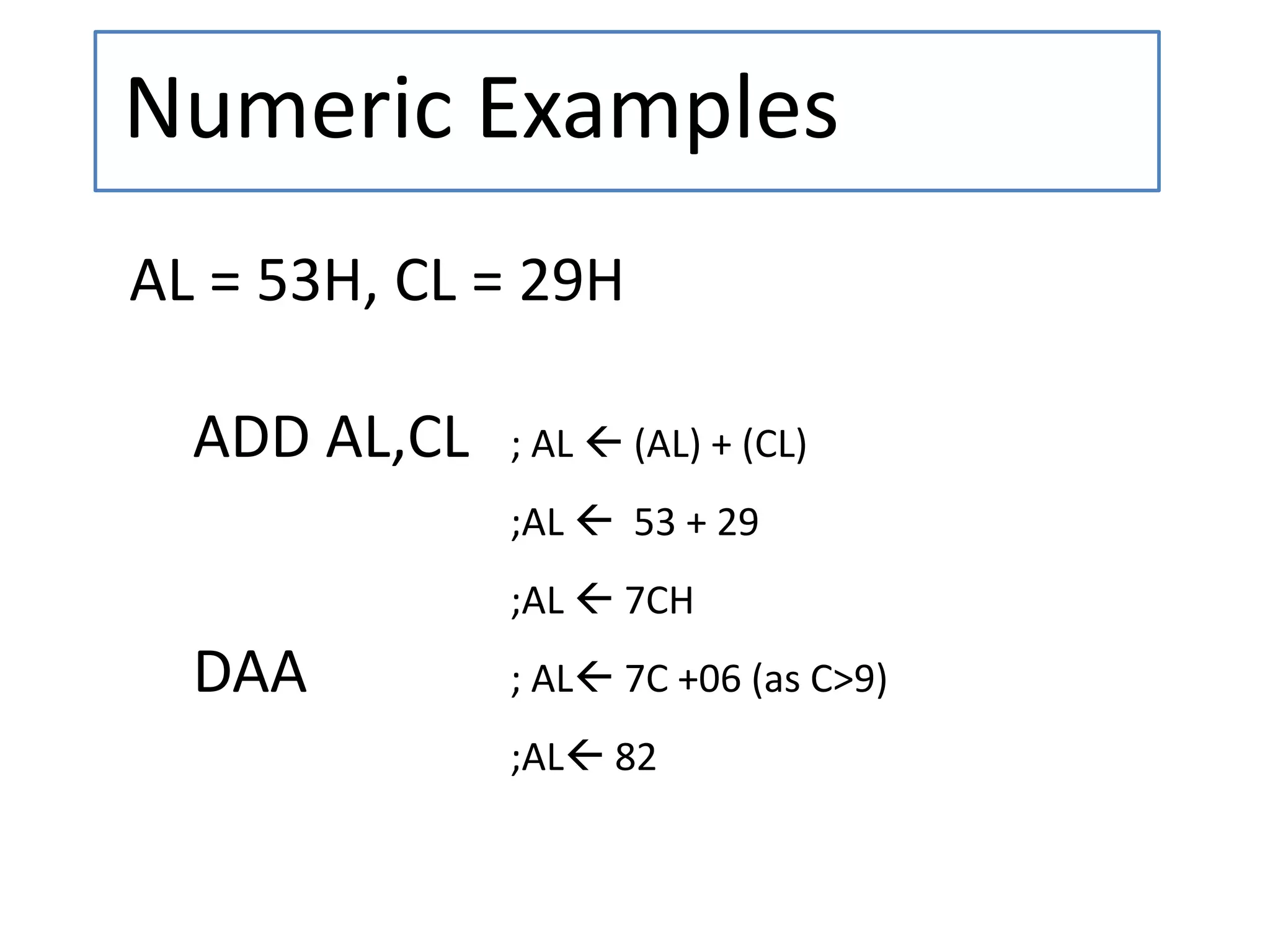 Numeric Examples
AL = 53H, CL = 29H
ADD AL,CL ; AL  (AL) + (CL)
;AL  53 + 29
;AL  7CH
DAA ; AL 7C +06 (as C>9)
;AL 82
 