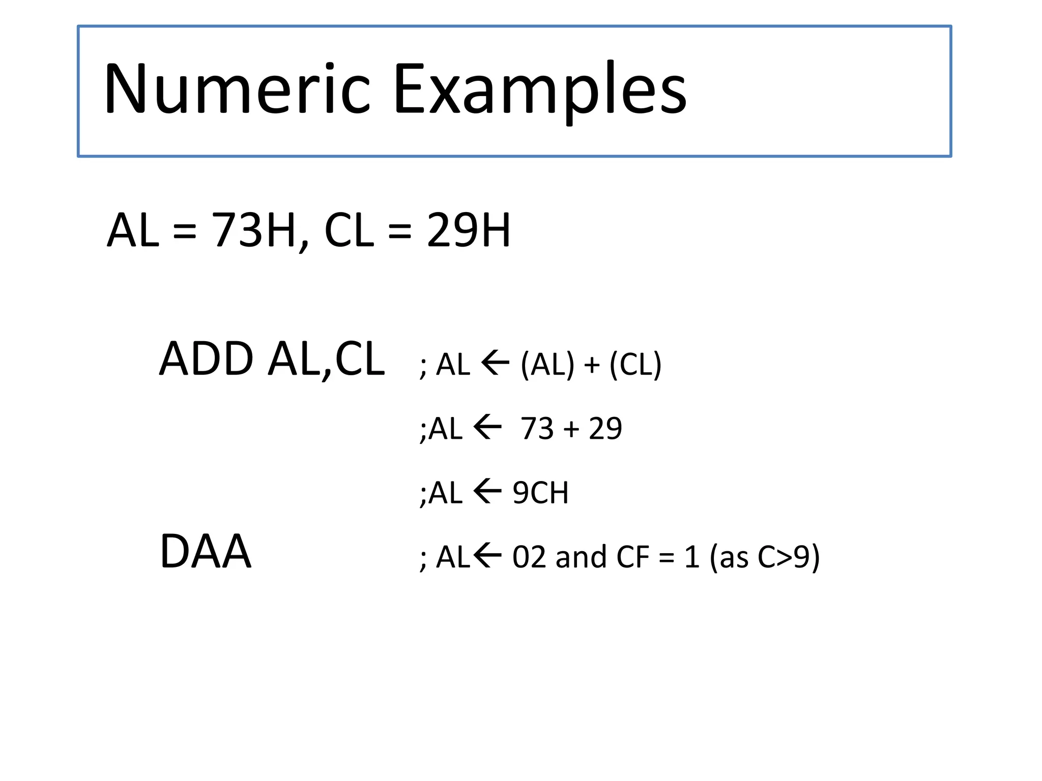 Numeric Examples
AL = 73H, CL = 29H
ADD AL,CL ; AL  (AL) + (CL)
;AL  73 + 29
;AL  9CH
DAA ; AL 02 and CF = 1 (as C>9)
 