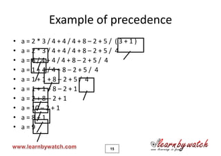 Example of precedence
•   a=2*3/4+4/4+8–2+5/ (3+1)
•   a=2*3/4+4/4+8–2+5/ 4
•   a=6/4+4/4+8–2+5/ 4
•   a=1+4/4+8–2+5/ 4
•   a=1+1+8–2+5/ 4
•   a=1+1+8–2+1
•   a=2+8–2+1
•   a = 10 – 2 + 1
•   a=8+1
•   a=9

                      15
 