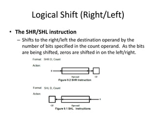 Logical Shift (Right/Left)
• The SHR/SHL instruction
– Shifts to the right/left the destination operand by the
number of bits specified in the count operand. As the bits
are being shifted, zeros are shifted in on the left/right.
 