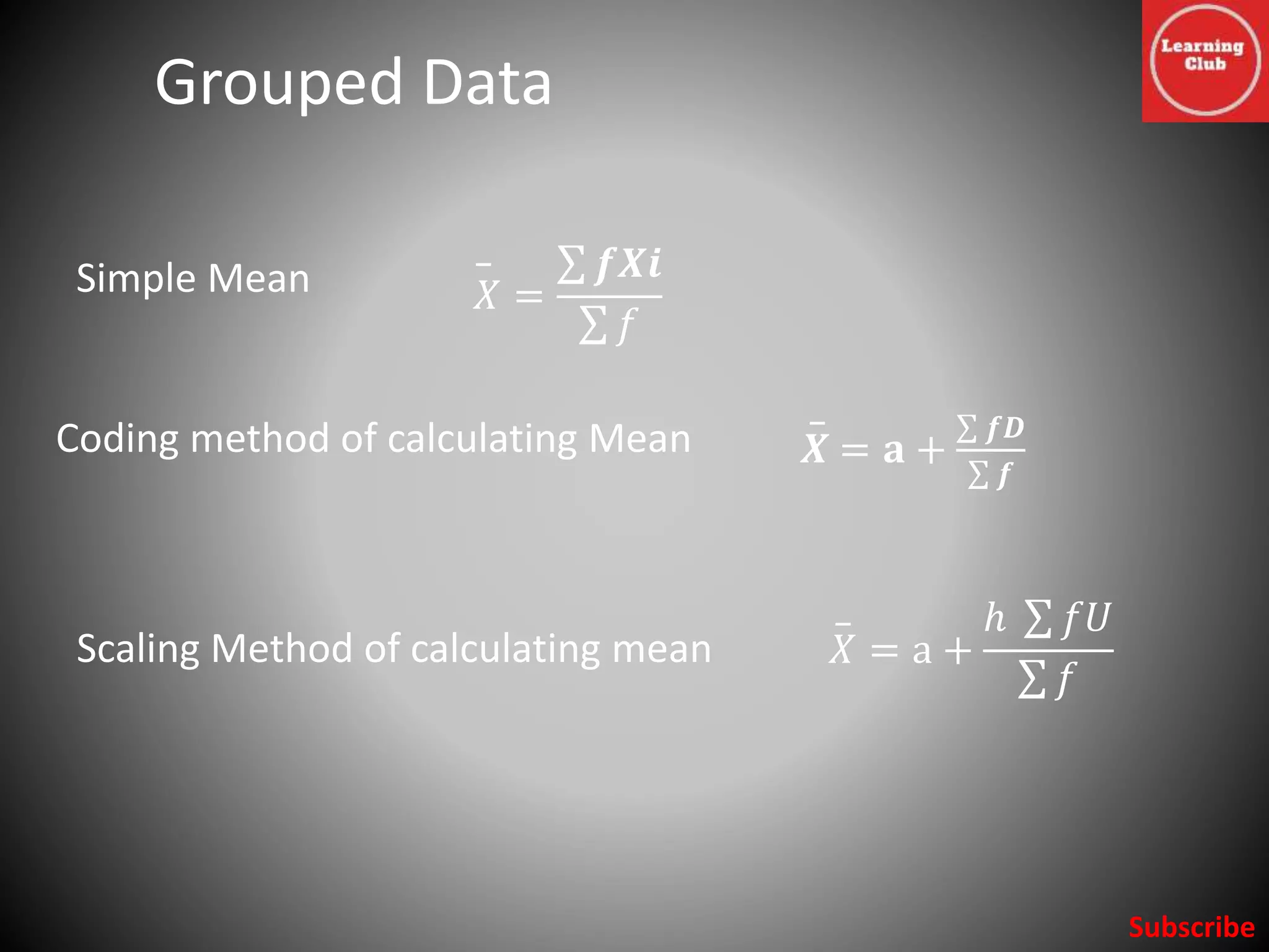 Grouped Data
Subscribe
𝑋 =
𝒇𝑿𝒊
𝑓
𝑿 = 𝐚 +
𝒇𝑫
𝒇
𝑋 = a +
ℎ 𝑓𝑈
𝑓
Coding method of calculating Mean
Simple Mean
Scaling Method of calculating mean
 