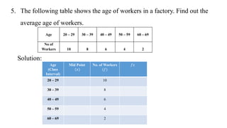 5. The following table shows the age of workers in a factory. Find out the
average age of workers.
Solution:
Age 20 – 29 30 – 39 40 – 49 50 – 59 60 – 69
No of
Workers 10 8 6 4 2
Age
(Class
Interval)
Mid Point
𝑥
No. of Workers
(𝑓)
𝑓𝑥
20 – 29 10
30 – 39 8
40 – 49 6
50 – 59 4
60 – 69 2
 