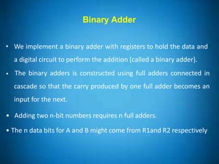 Binary Adder
• We implement a binary adder with registers to hold the data and
a digital circuit to perform the addition (called a binary adder).
• The binary adders is constructed using full adders connected in
cascade so that the carry produced by one full adder becomes an
input for the next.
• Adding two n-bit numbers requires n full adders.
• The n data bits for A and B might come from R1and R2 respectively
 