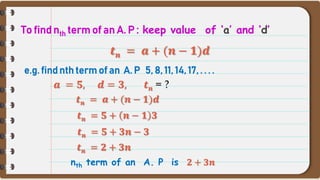 
01
02
03
04
To find nth term of an A. P : keep value of ‘a’ and ‘d’
𝒕𝒏 = 𝒂 + (𝒏 − 𝟏)𝒅
e.g. find nth term of an A. P 5, 8, 11, 14, 17, . . . .
𝒕𝒏 = 𝒂 + (𝒏 − 𝟏)𝒅
𝒕𝒏 = 𝟓 + 𝒏 − 𝟏 𝟑
𝒂 = 𝟓, 𝒅 = 𝟑, 𝒕𝒏 = ?
𝒕𝒏 = 𝟓 + 𝟑𝒏 − 𝟑
𝒕𝒏 = 𝟐 + 𝟑𝒏
nth term of an A. P is 𝟐 + 𝟑𝒏
 