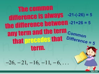 The common
  d ifference is always -21-(-26) = 5
the difference   between -21+26 = 5
  any term   and the term Common
    that precedes tha   t Difference =
                                       5
            term.

−26, − 21, − 16, − 11, − 6, . . .
 