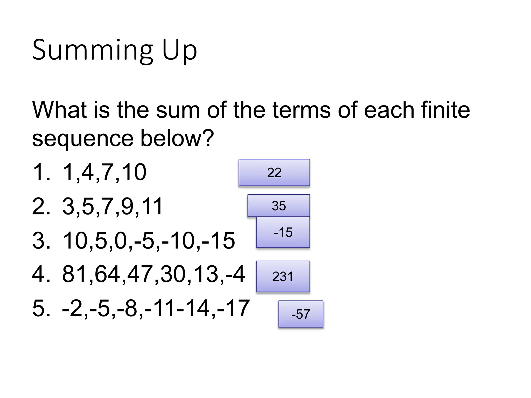 Summing Up
What is the sum of the terms of each finite
sequence below?
1. 1,4,7,10
2. 3,5,7,9,11
3. 10,5,0,-5,-10,-15
4. 81,64,47,30,13,-4
5. -2,-5,-8,-11-14,-17
22
35
-15
231
-57
 