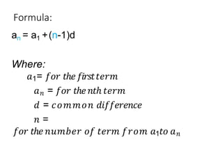Formula:
an = a1 +(n-1)d
Where:
𝑎1= 𝑓𝑜𝑟 𝑡ℎ𝑒𝑓𝑖𝑟𝑠𝑡𝑡𝑒𝑟𝑚
𝑎𝑛 = 𝑓𝑜𝑟 𝑡ℎ𝑒𝑛𝑡ℎ 𝑡𝑒𝑟𝑚
𝑑 = 𝑐𝑜𝑚𝑚𝑜𝑛 𝑑𝑖𝑓𝑓𝑒𝑟𝑒𝑛𝑐𝑒
𝑛 =
𝑓𝑜𝑟 𝑡ℎ𝑒 𝑛𝑢𝑚𝑏𝑒𝑟 𝑜𝑓 𝑡𝑒𝑟𝑚 𝑓𝑟𝑜𝑚 𝑎1𝑡𝑜 𝑎𝑛
 