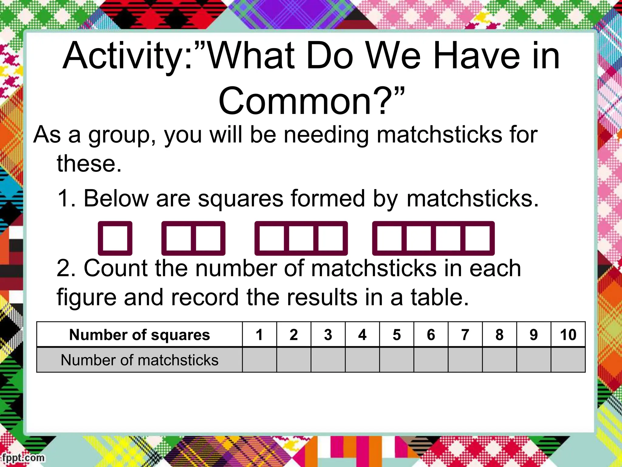 Activity:”What Do We Have in
Common?”
As a group, you will be needing matchsticks for
these.
1. Below are squares formed by matchsticks.
2. Count the number of matchsticks in each
figure and record the results in a table.
Number of squares 1 2 3 4 5 6 7 8 9 10
Number of matchsticks
 