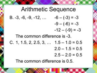 Arithmetic Sequence
B. -3, -6, -9, -12, … -6 – (-3) = -3
-9 – (-6) = -3
-12 – (-9) = -3
The common difference is -3.
C. 1, 1.5, 2, 2.5, 3, … 1.5 – 1.0 = 0.5
2.0 – 1.5 = 0.5
2.5 – 2.0 = 0.5
The common difference is 0.5.
 