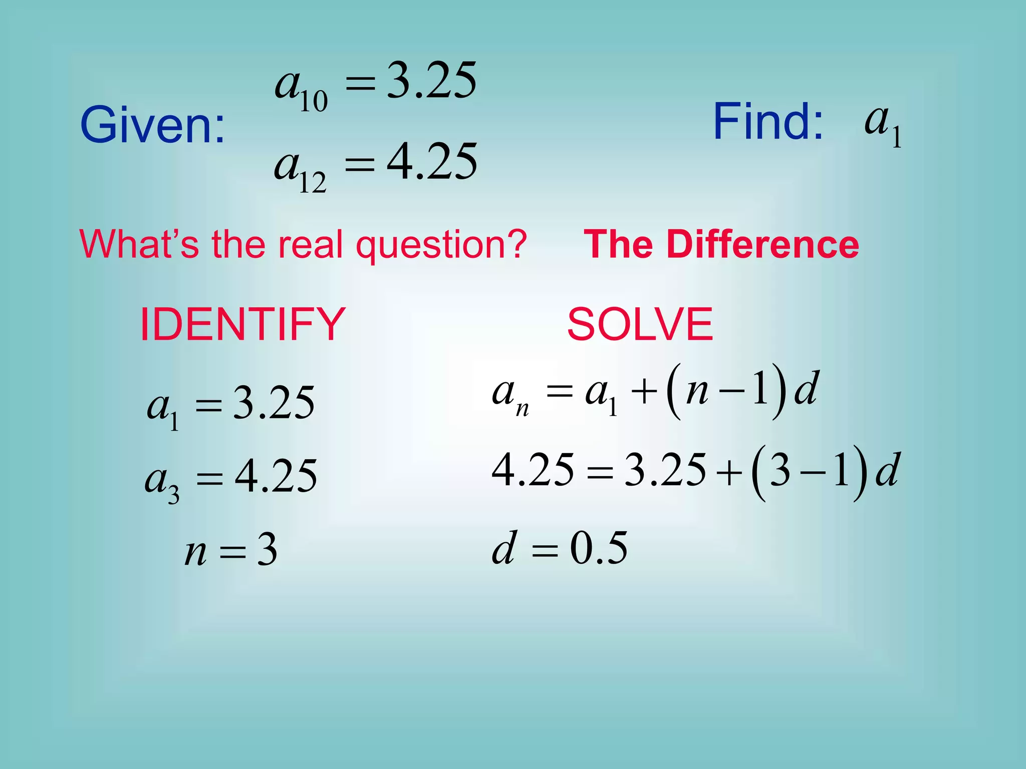Given:
10
12
3.25
4.25
a
a


1
3
3.25
4.25
3
a
a
n



 
 
1 1
4.25 3.25 3 1
0.5
n
a a n d
d
d
  
  

IDENTIFY SOLVE
Find: 1
a
What’s the real question? The Difference
 