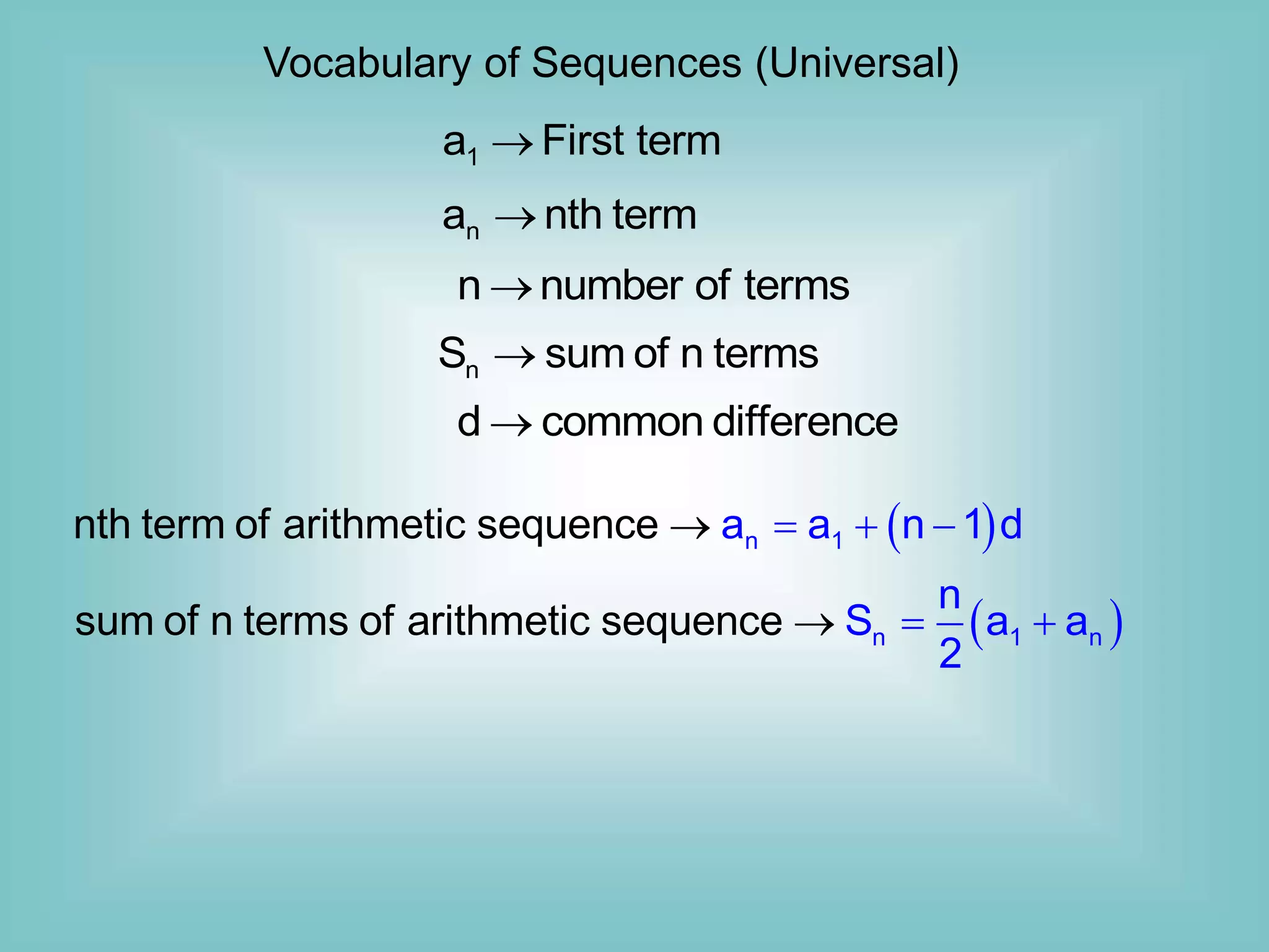 Vocabulary of Sequences (Universal)
1
a First term

n
a nth term

n
S sum of n terms

n number of terms

d common difference

 
 
n 1
n 1 n
nth term of arithmetic sequence
sum of n terms of arithmetic sequen
a a n 1 d
n
S a a
2
ce
  
 


 