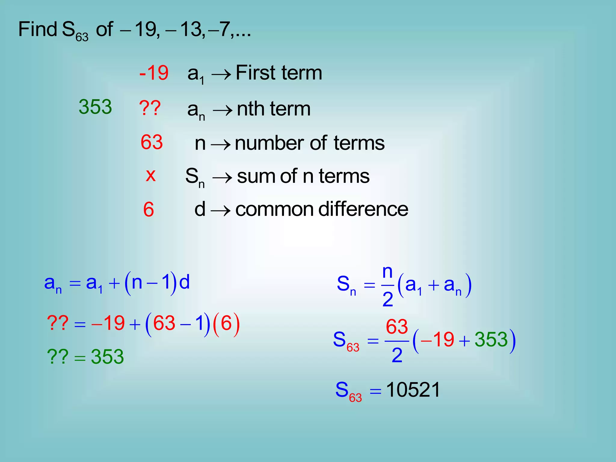 63
Find S of 19, 13, 7,...
  
1
a First term

n
a nth term

n
S sum of n terms

n number of terms

d common difference

-19
63
??
x
6
 
n 1
a a n 1 d
  
  
?? 19 6 1
?? 353
3 6
  


353
 
n 1 n
n
S a a
2
 
 
63
63
3 3
S
2
19 5

 
63 1 1
S 052

 