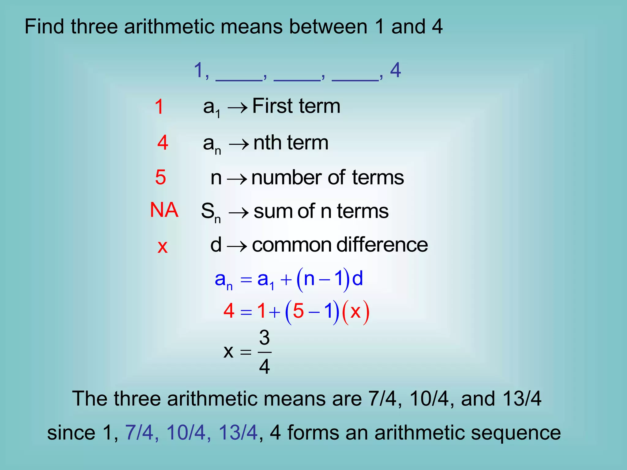 Find three arithmetic means between 1 and 4
1, ____, ____, ____, 4
1
a First term

n
a nth term

n
S sum of n terms

n number of terms

d common difference

1
5
4
NA
x
 
n 1
a a n 1 d
  
  
4 1 x
1
5
  
3
x
4

The three arithmetic means are 7/4, 10/4, and 13/4
since 1, 7/4, 10/4, 13/4, 4 forms an arithmetic sequence
 