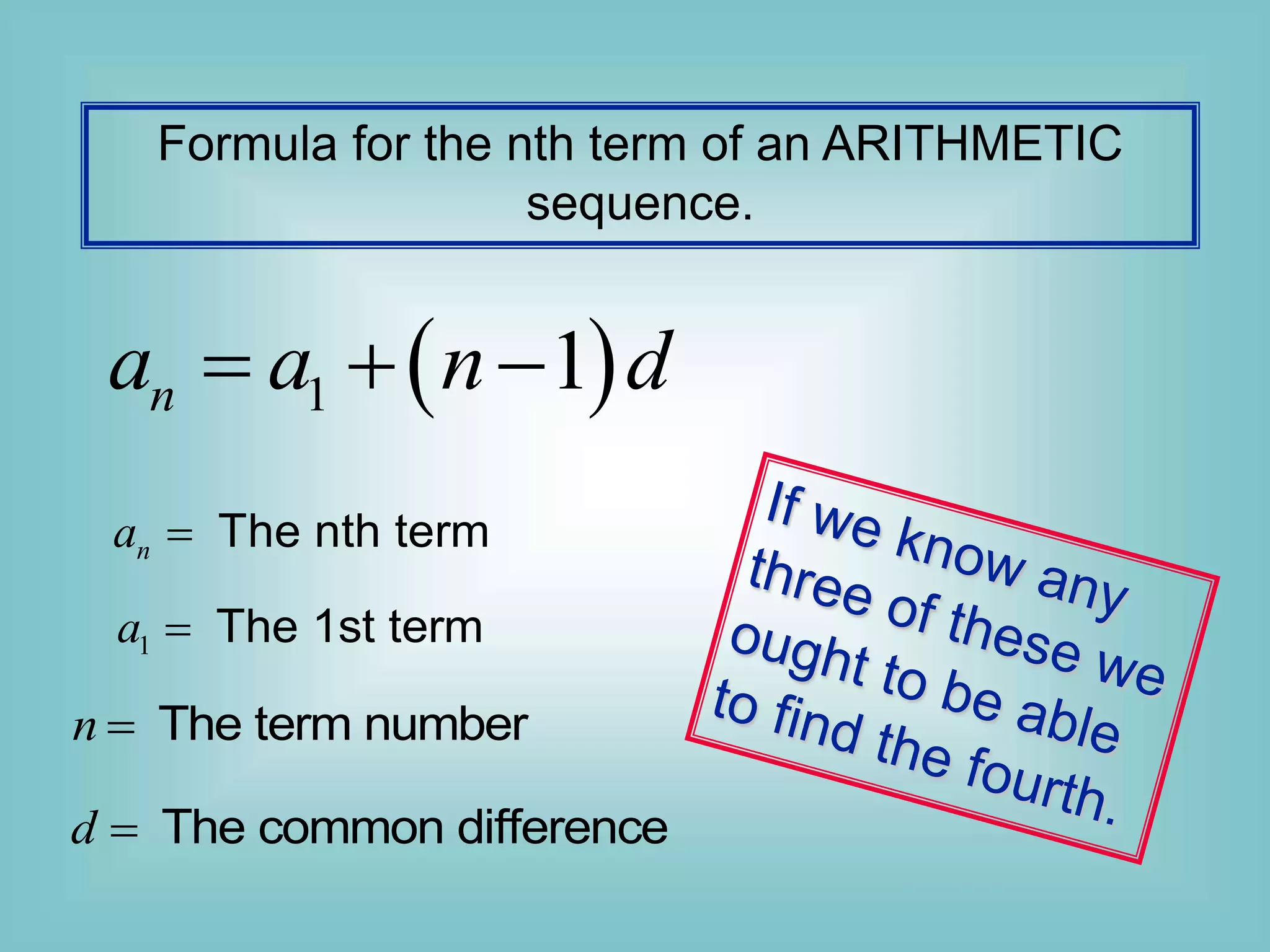 Formula for the nth term of an ARITHMETIC
sequence.
 
1 1
n
a a n d
  
The nth term
n
a 
The term number
n 
The common difference
d 
1 The 1st term
a 
 